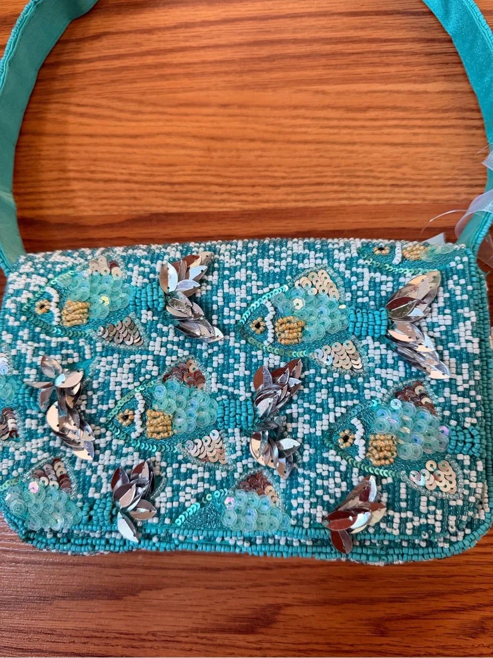 Turquoise beaded fish shoulder handbag sparkling silver fish handcrafted NWT